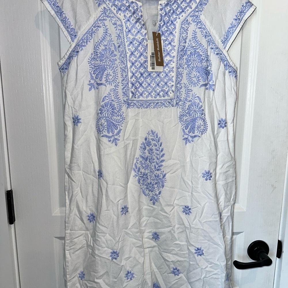 Roller Rabbit White and Blue Midi Dress with Elegant Silhouette